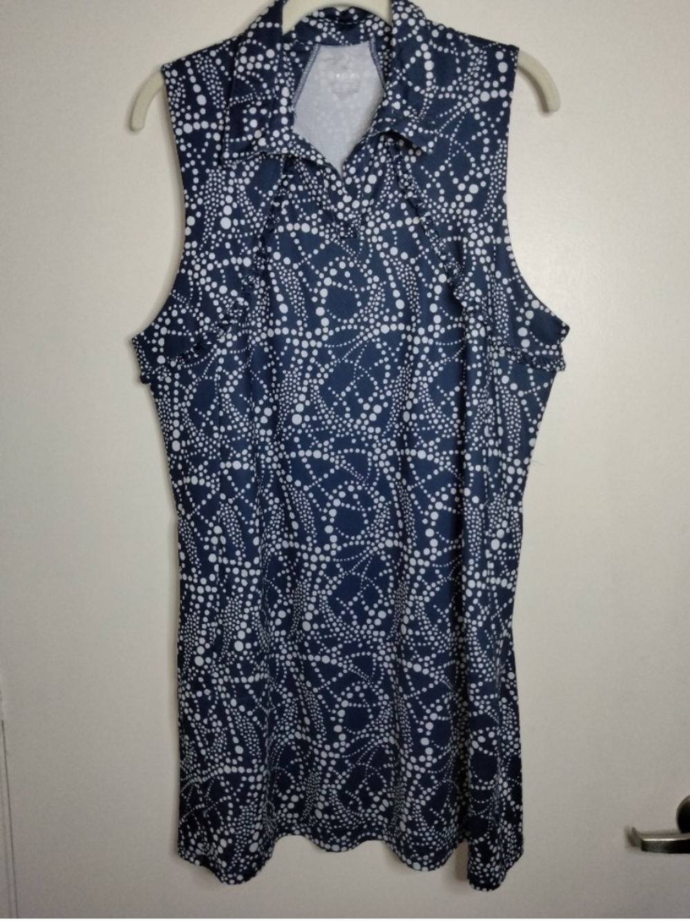 Gottex (Size XL) Navy Blue & White Patterned Ruffle Trim Sleeveless Pocket Dress